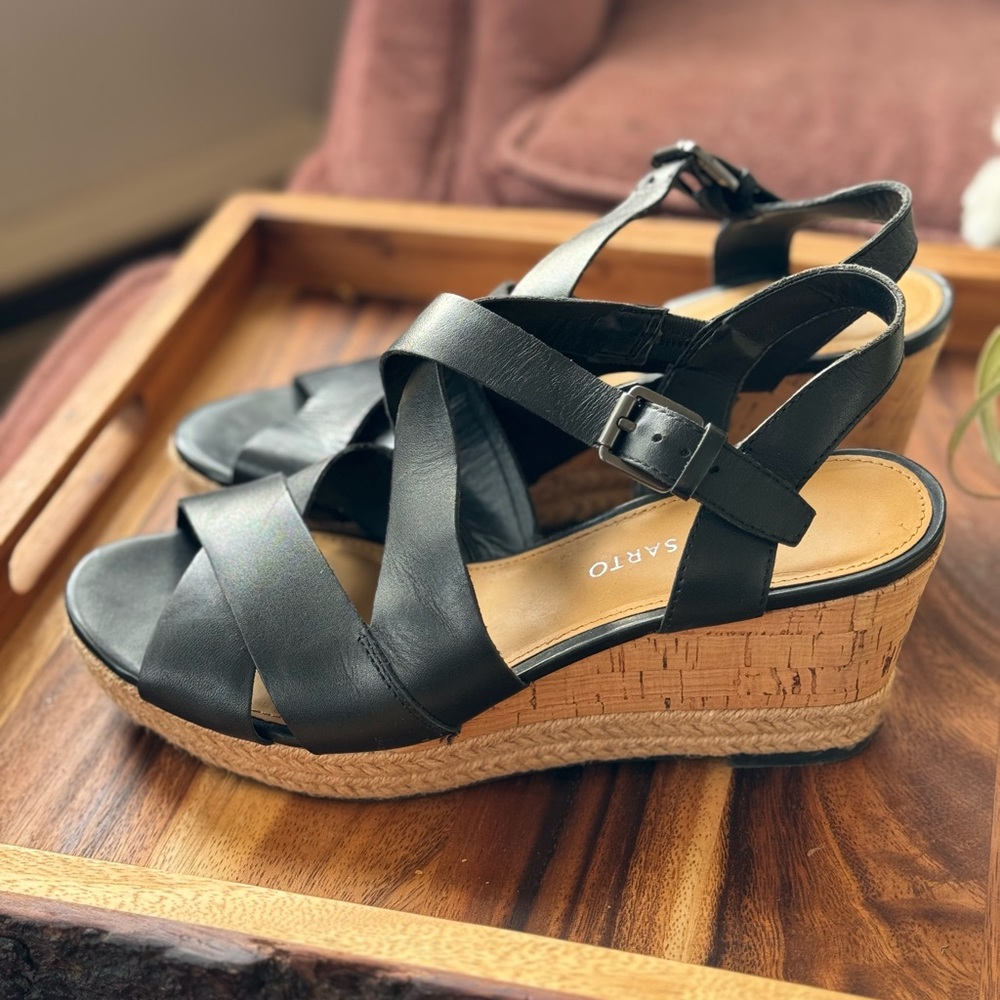 franco sarto black leather & cork wedge 8